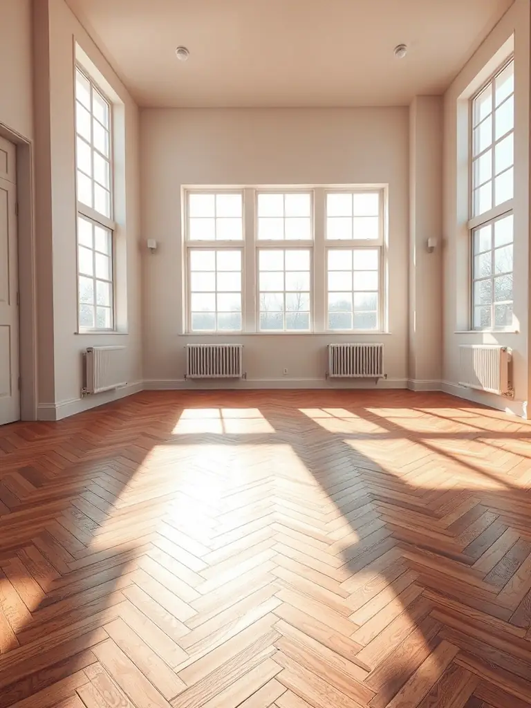 A wide shot of a room featuring a herringbone pattern hardwood floor made of maple, with natural light enhancing the intricate design.