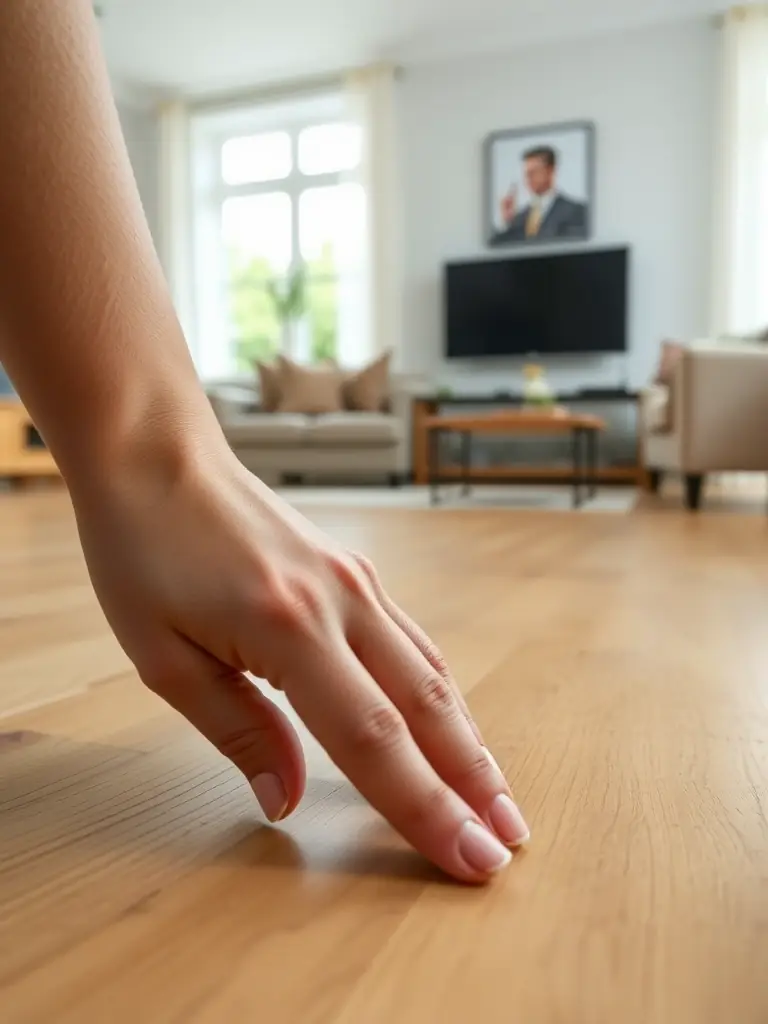 A close-up shot of a hand touching a perfectly installed, light-colored oak hardwood floor in a modern living room, showcasing the smooth finish and natural grain.