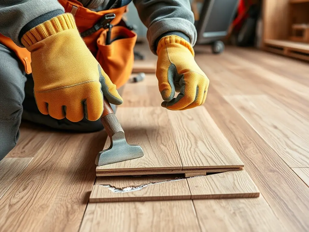 A flooring technician repairing a damaged section of laminate flooring, using specialized tools to seamlessly blend the repair with the existing floor.