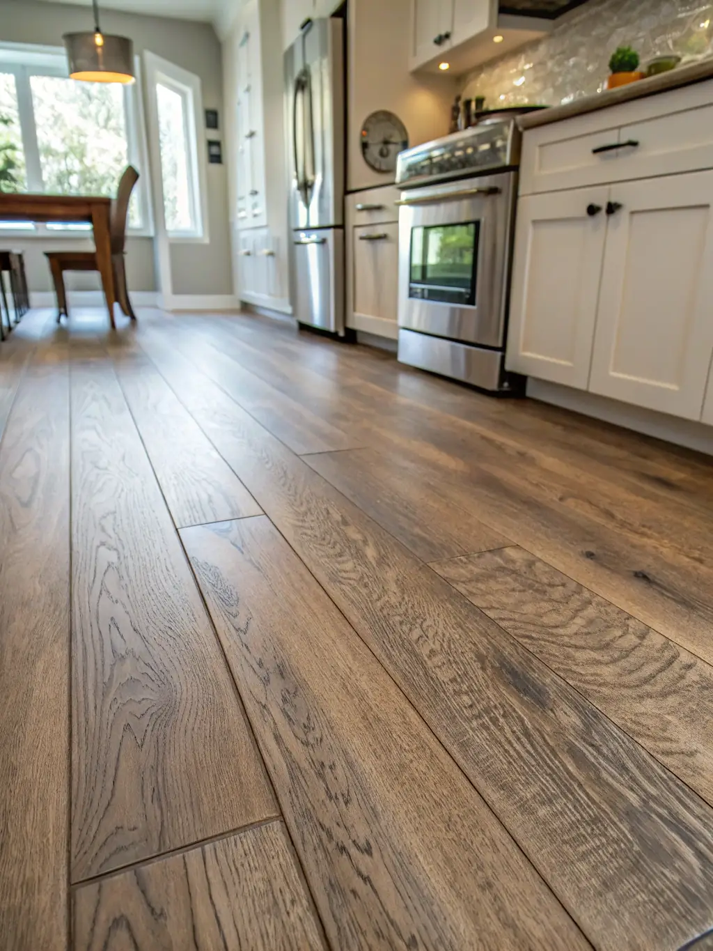 A modern kitchen featuring stylish and waterproof luxury vinyl plank flooring, demonstrating its resilience and aesthetic appeal.