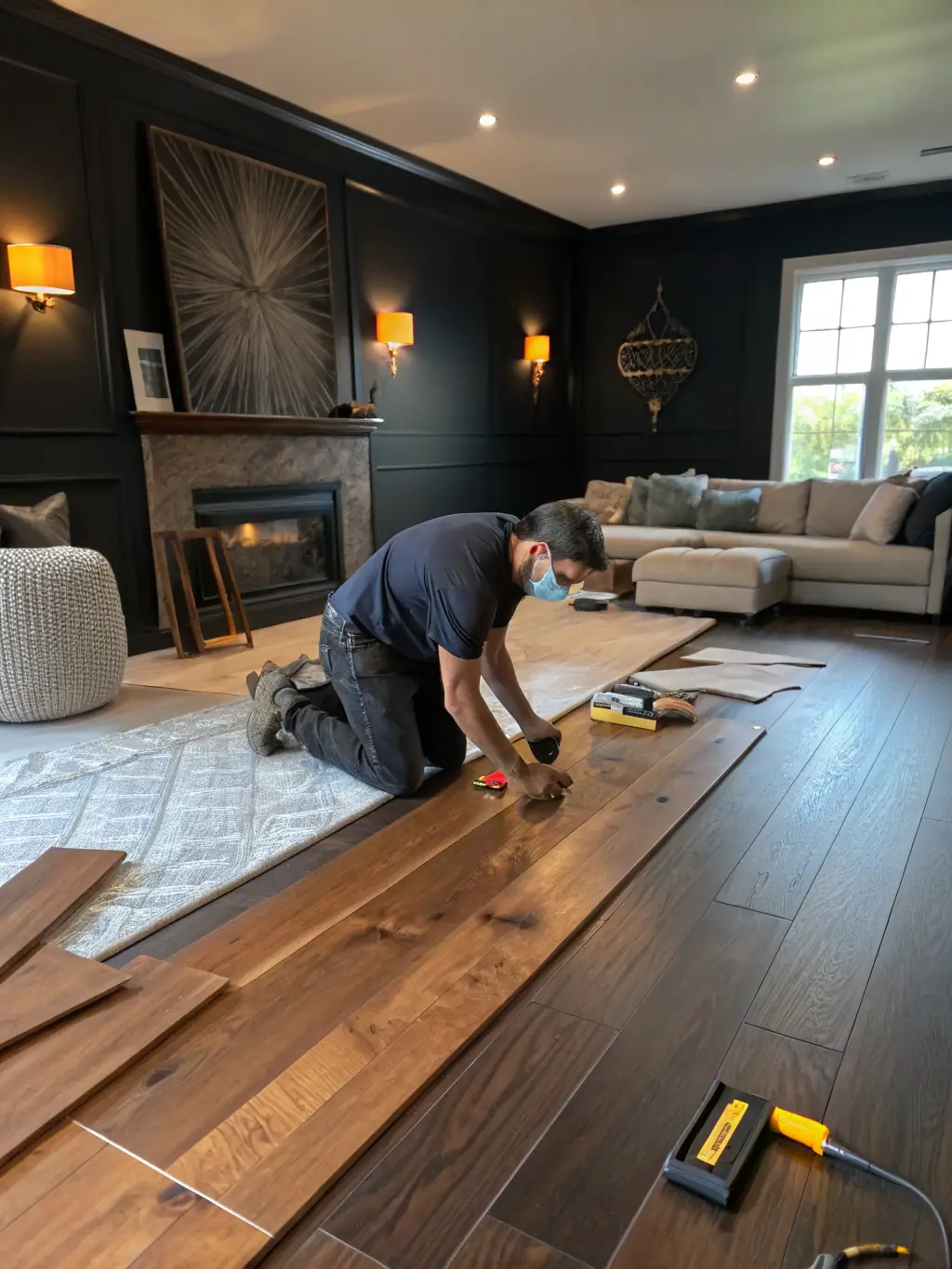 A medium shot of a dark-stained walnut hardwood floor being installed by a professional, highlighting the precision and care taken during the installation process.