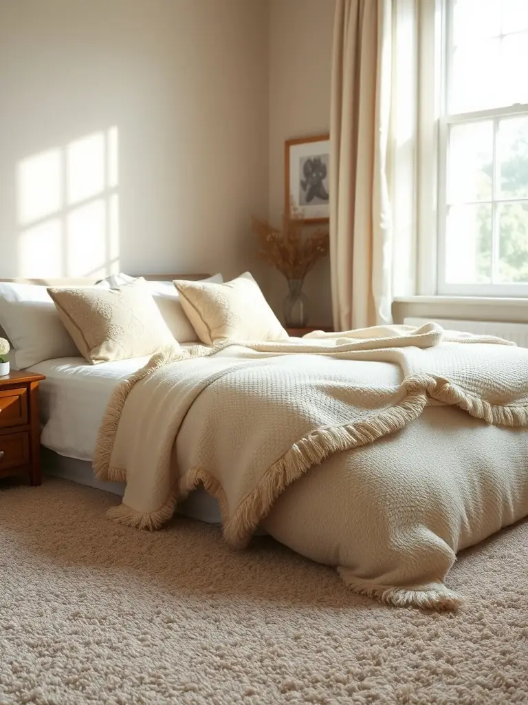 A plush, inviting carpet in a cozy bedroom setting, emphasizing comfort and sound absorption.