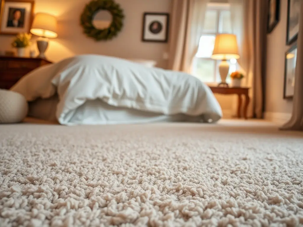 A close-up shot of a plush, luxurious carpet in a cozy bedroom setting. The carpet is thick and inviting, with a soft texture that enhances the room's comfort and warmth. The lighting is soft and diffused, creating a relaxing atmosphere.