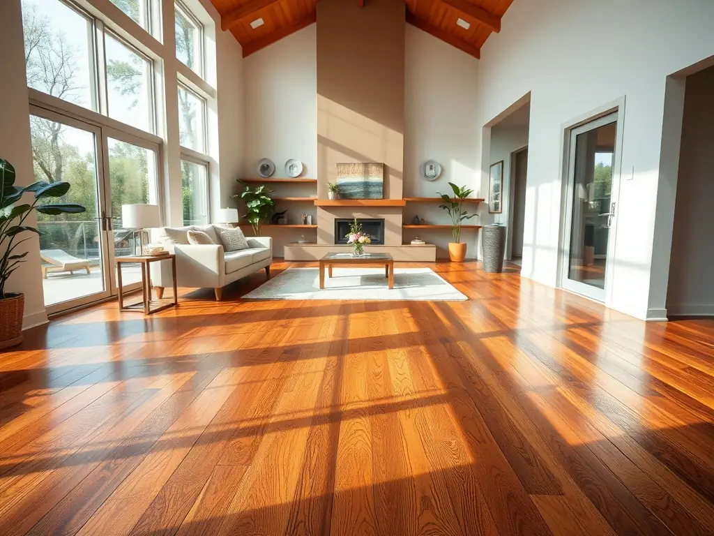 A high-quality photograph showcasing a beautifully installed hardwood floor in a modern living room, highlighting the natural grain and warm tones of the wood. The room is well-lit, emphasizing the floor's smooth finish and elegant appearance.