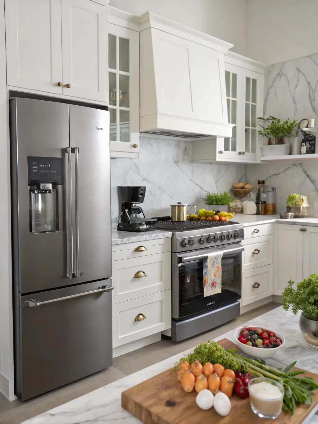 A modern kitchen in Bridgehampton, NY, showcasing sleek tile flooring with a minimalist design, complemented by stainless steel appliances and bright lighting.