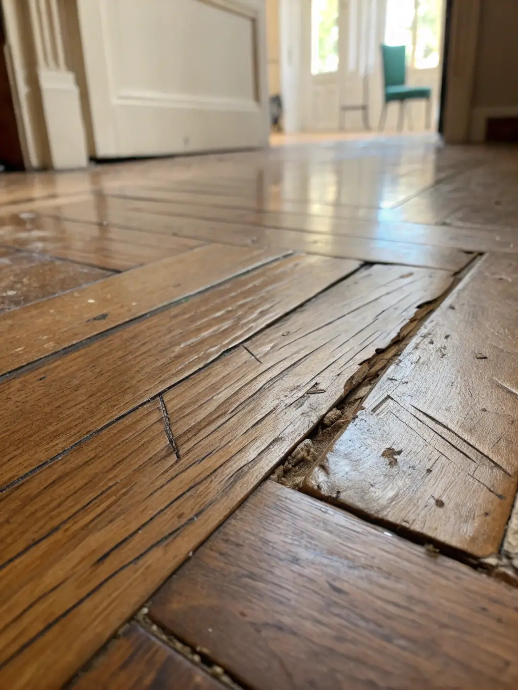 A detailed shot of a distressed hardwood floor with visible knots and imperfections, giving it a rustic and charming appearance.