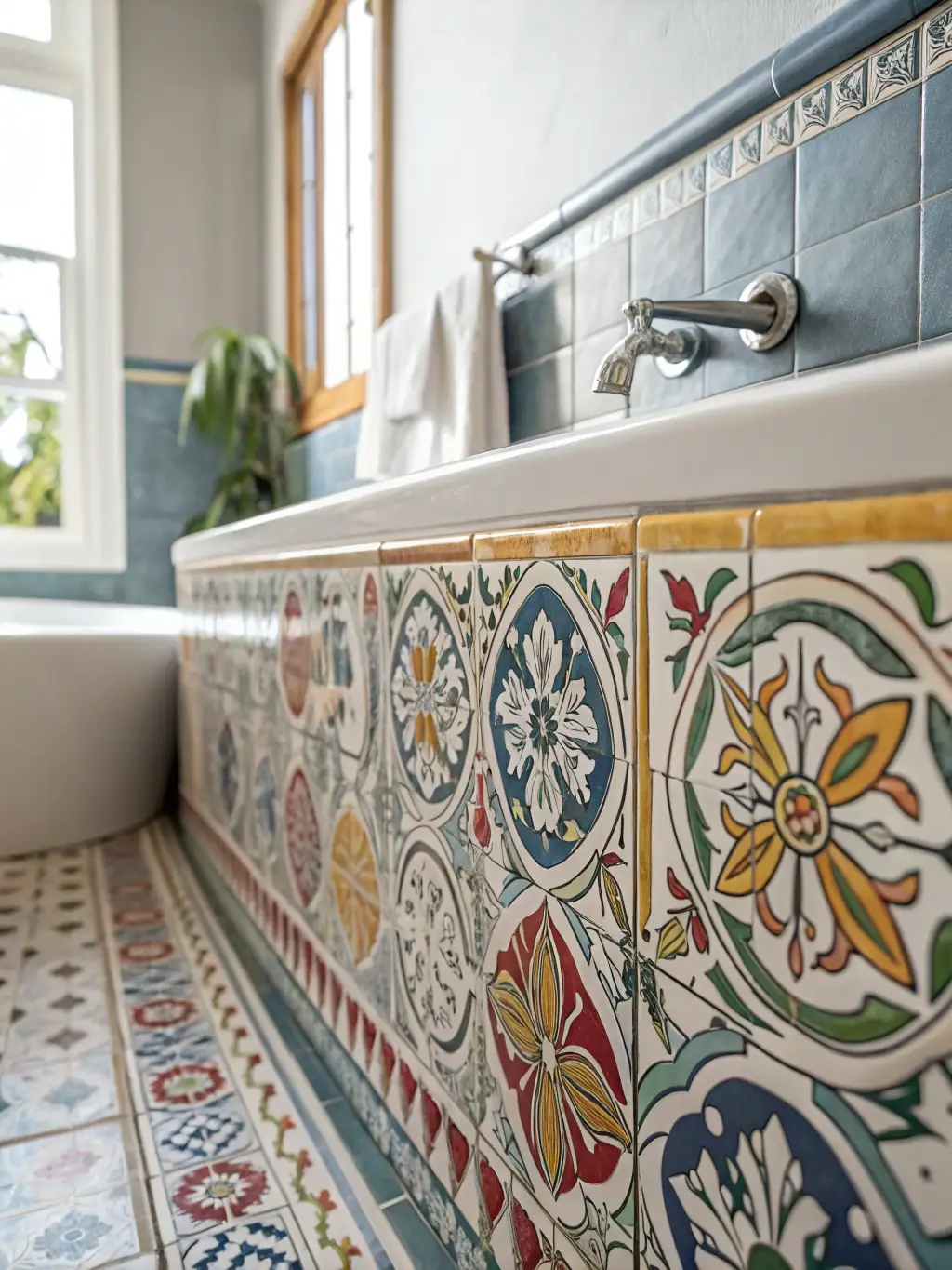 A contemporary bathroom with sleek and stylish tile flooring, showcasing its water resistance and design versatility.