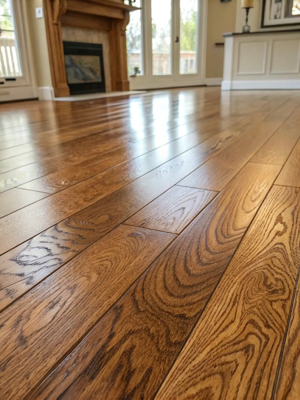 A high-resolution image showcasing a beautifully installed hardwood floor in a living room, highlighting the natural grain and warm tones.