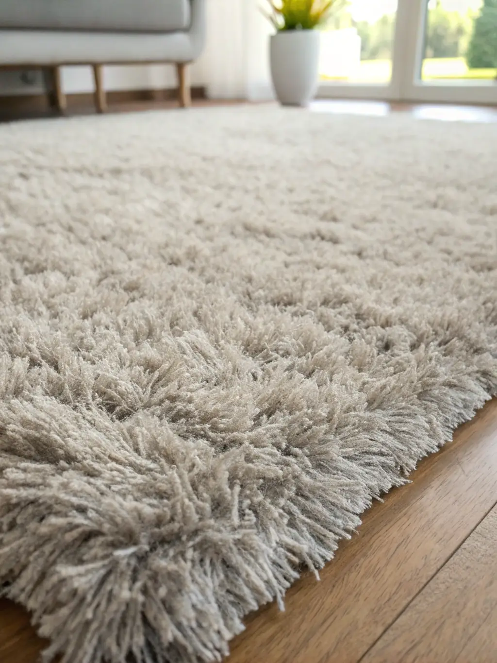 A close-up of a stain-resistant nylon carpet in a warm gray tone, highlighting its resilience and easy-to-clean properties, suitable for a family room.