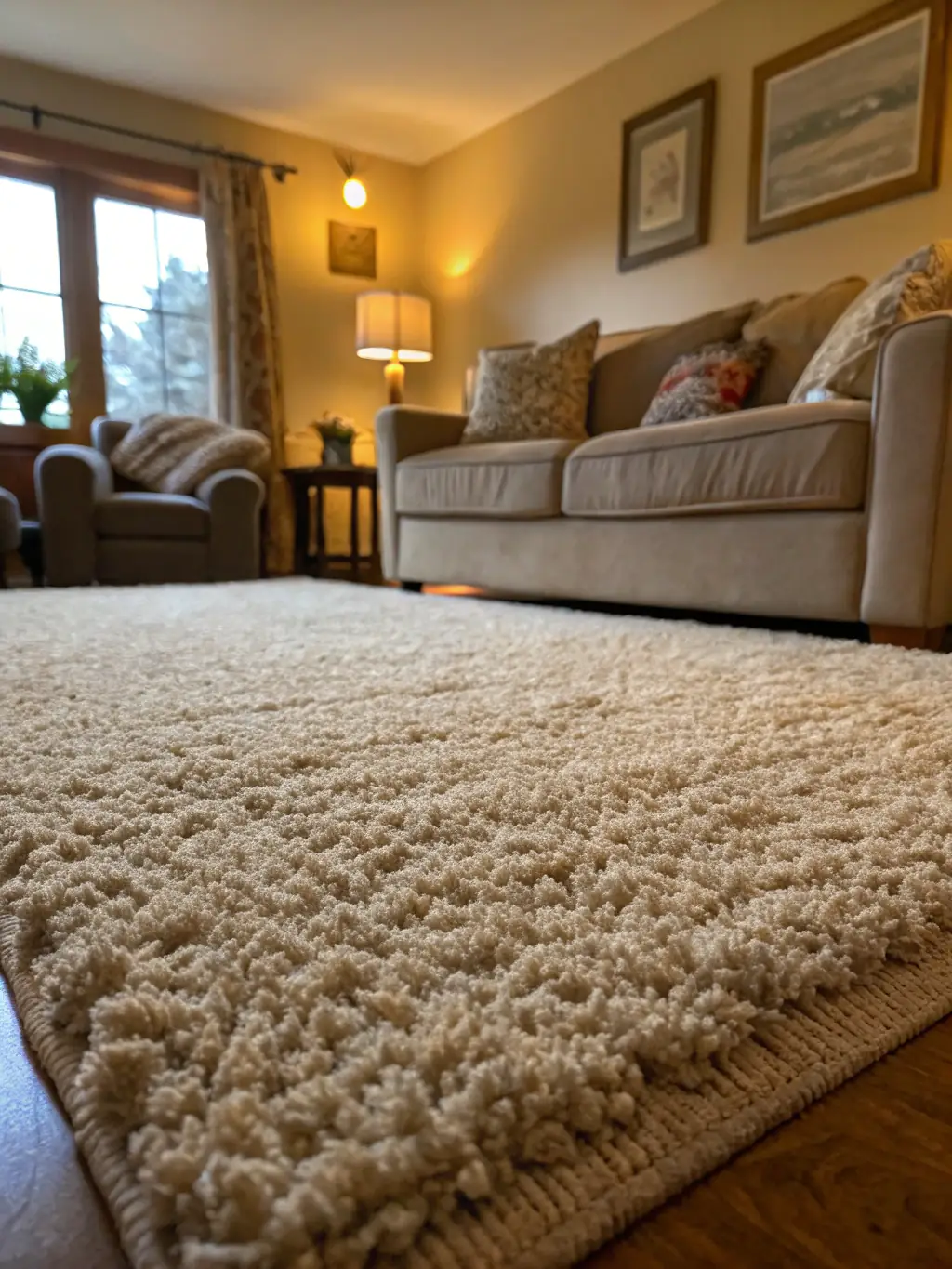 A close-up shot of a plush, light beige Berber carpet, highlighting its looped texture and stain-resistant fibers, suitable for a living room setting.