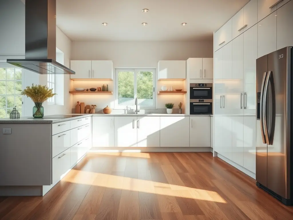 A sleek and modern kitchen featuring waterproof vinyl flooring that mimics the look of natural stone. The flooring is seamless and easy to clean, providing a practical and stylish solution for high-moisture areas.