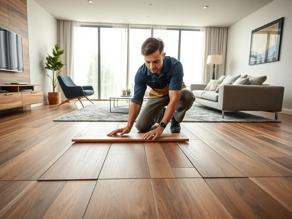A professional installer laying hardwood planks in a modern living room, showcasing the seamless finish and natural wood grain.