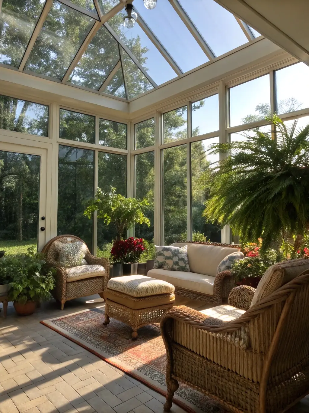 A bright and airy sunroom in Sag Harbor, NY, displaying durable laminate flooring with a natural wood finish, seamlessly blending indoor and outdoor spaces.