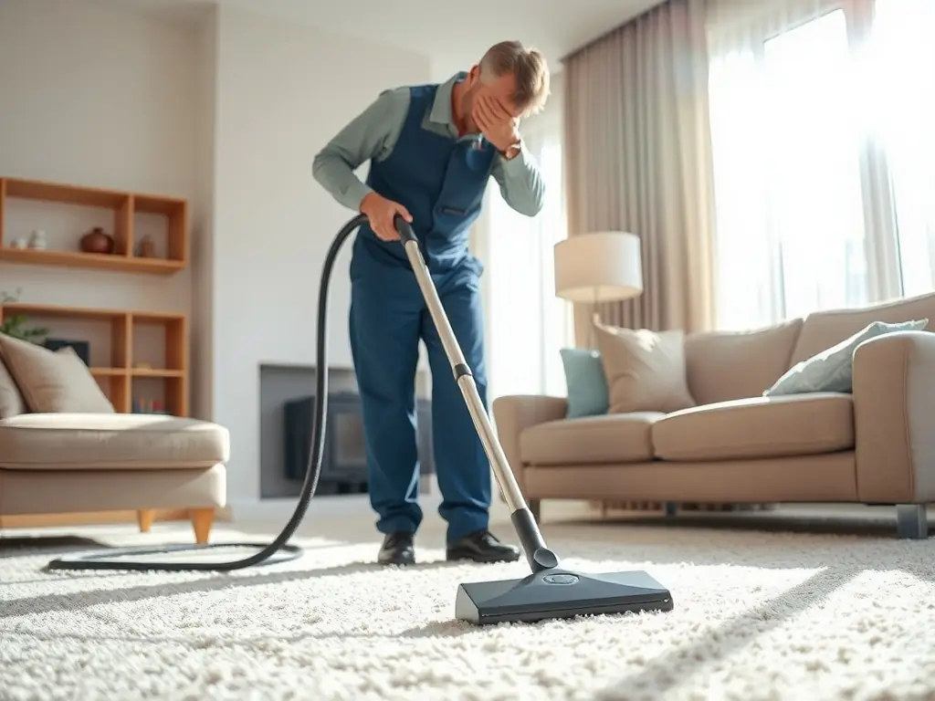 A homeowner vacuuming a newly installed carpet, highlighting the plush texture and clean appearance of the carpet.